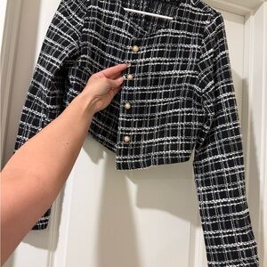 SHEIN Black and White Plaid Tweed Cropped Blazer